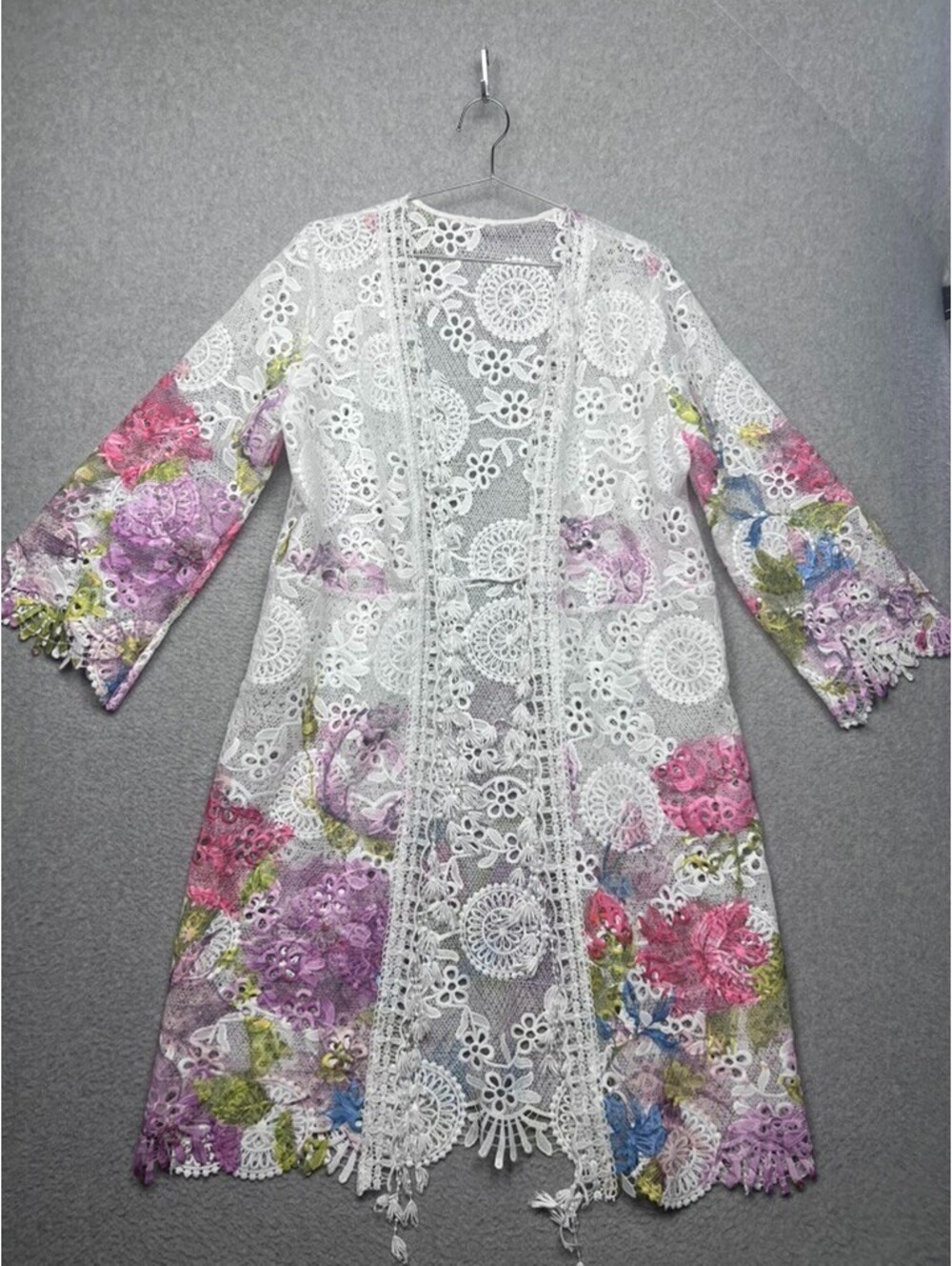 Sheer Lace Duster Cardigan Floral Jacket Crochet Open Front Kimono Boho M/L